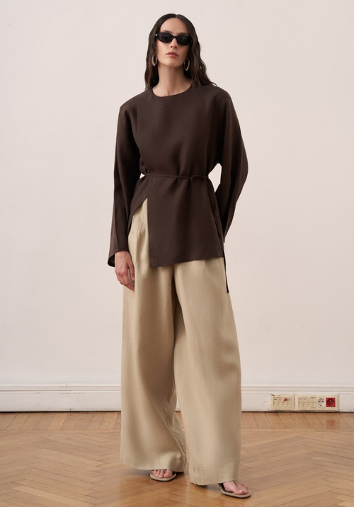 Aliza Belted Linen Blouse - Brown