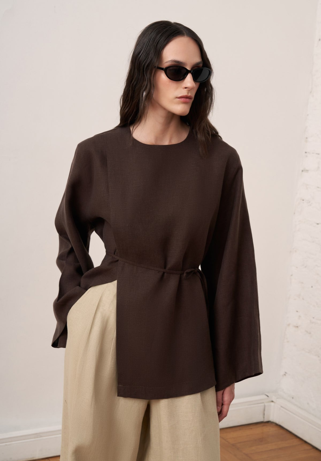 Aliza Belted Linen Blouse - Brown