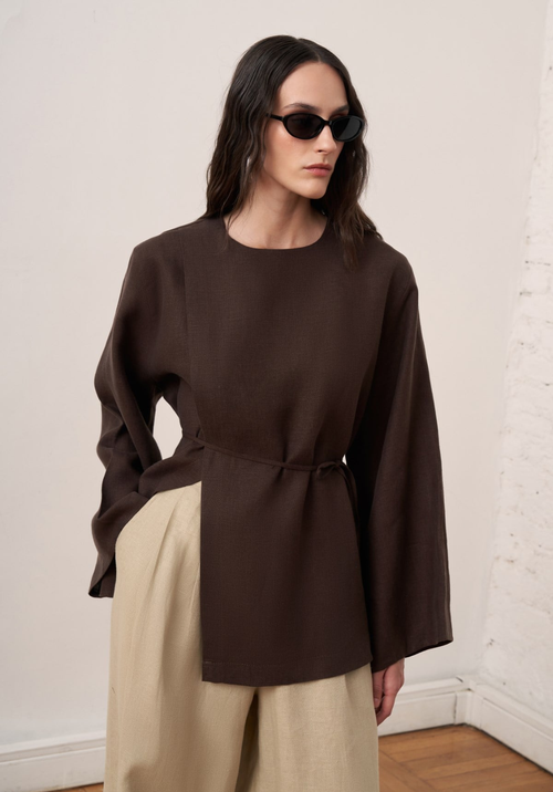 Aliza Belted Linen Blouse - Brown