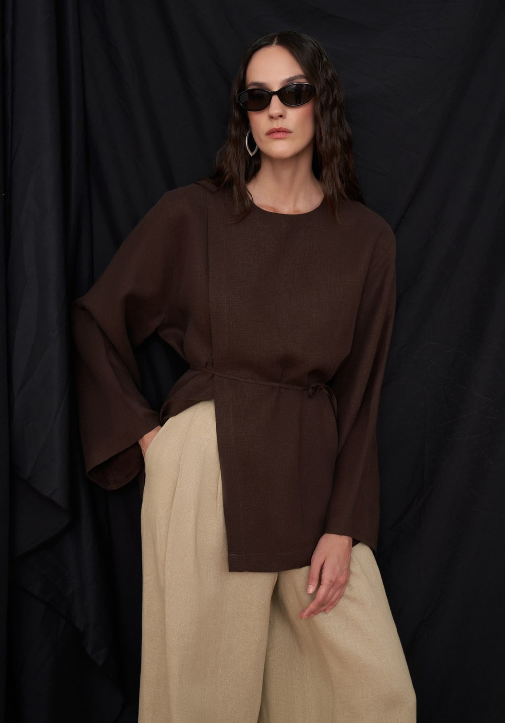 Aliza Belted Linen Blouse - Brown