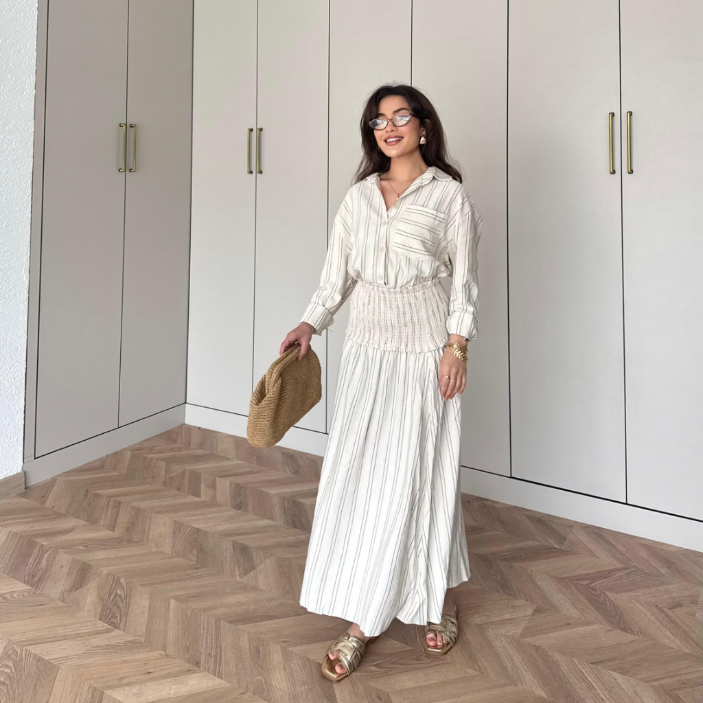 Striped Linen elastic waist skirt co-ord