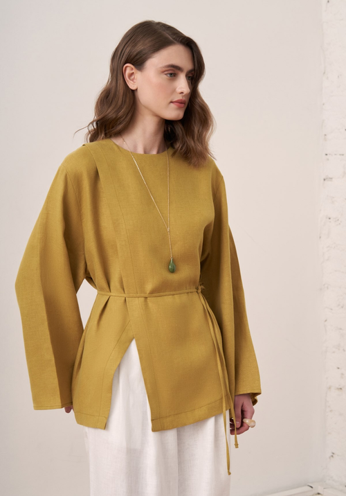 Aliza Belted Linen Blouse - Olive