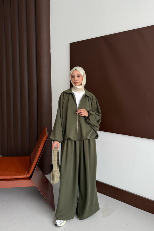Oversized Modal Zipper Track Suit Set Khaki