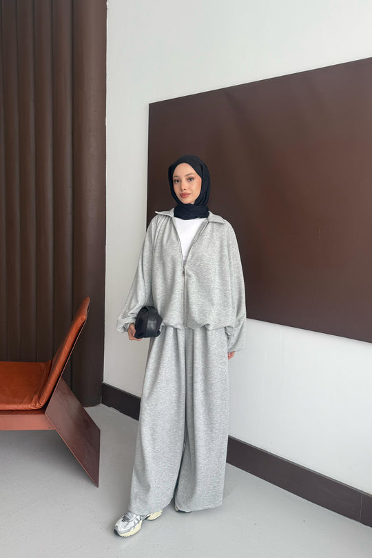 Oversized Modal Zipper Track Suit Set Grey