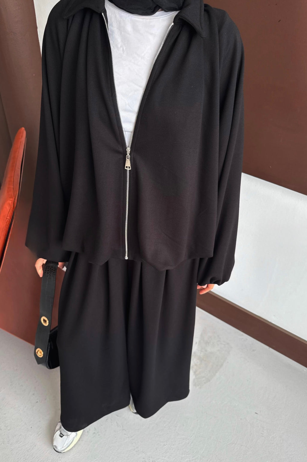 Oversized Modal Zipper Track Suit Set Black