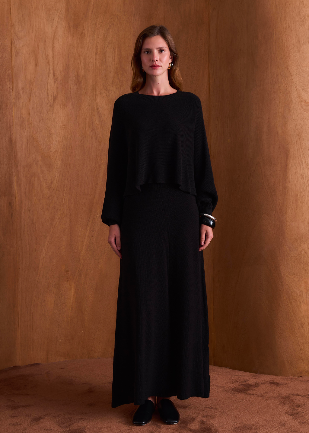 Snow Batwing Sleeve Knit Skirt Set – Black