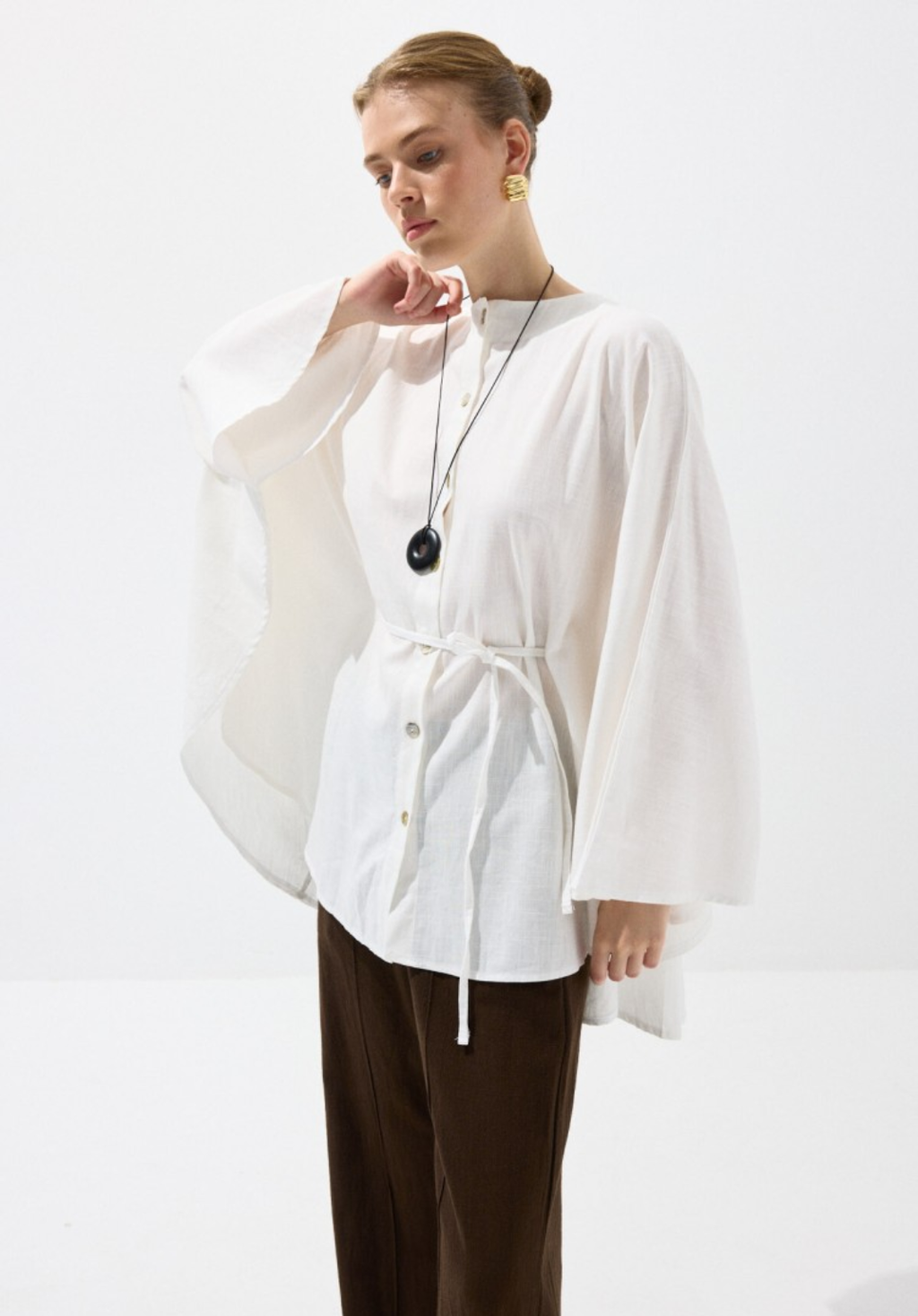 Ecru Draped Cape-Style Oversized Shirt