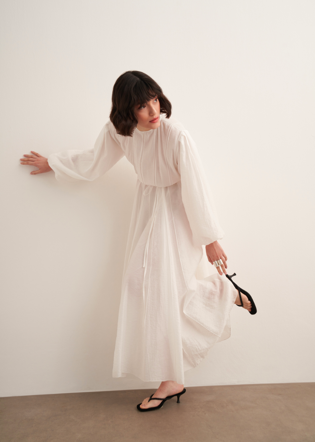 Maria Pintuck Detail Maxi Dress - Ecru