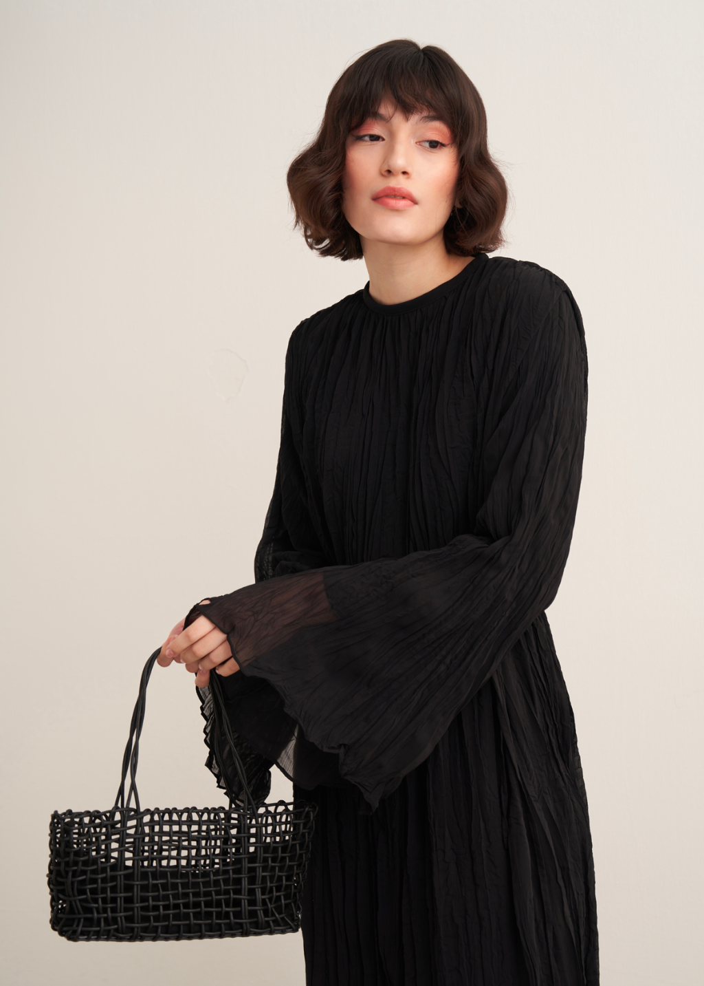 Crushed Chiffon Dress - Black