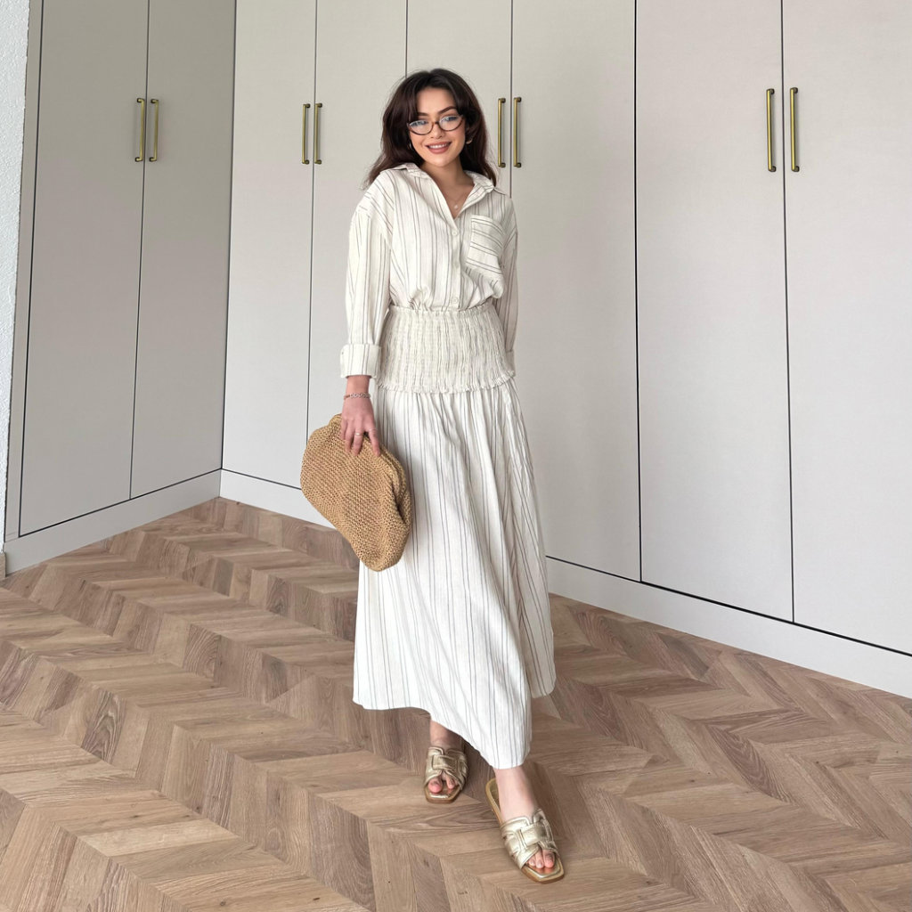 Striped Linen elastic waist skirt co-ord