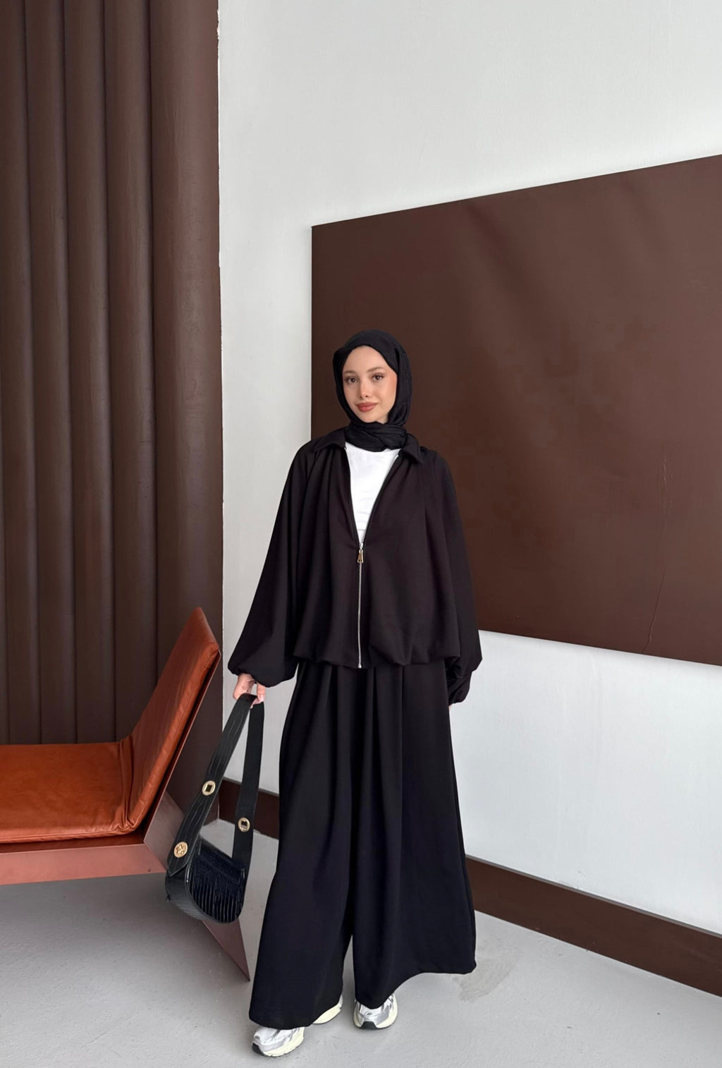 Oversized Modal Zipper Track Suit Set Black