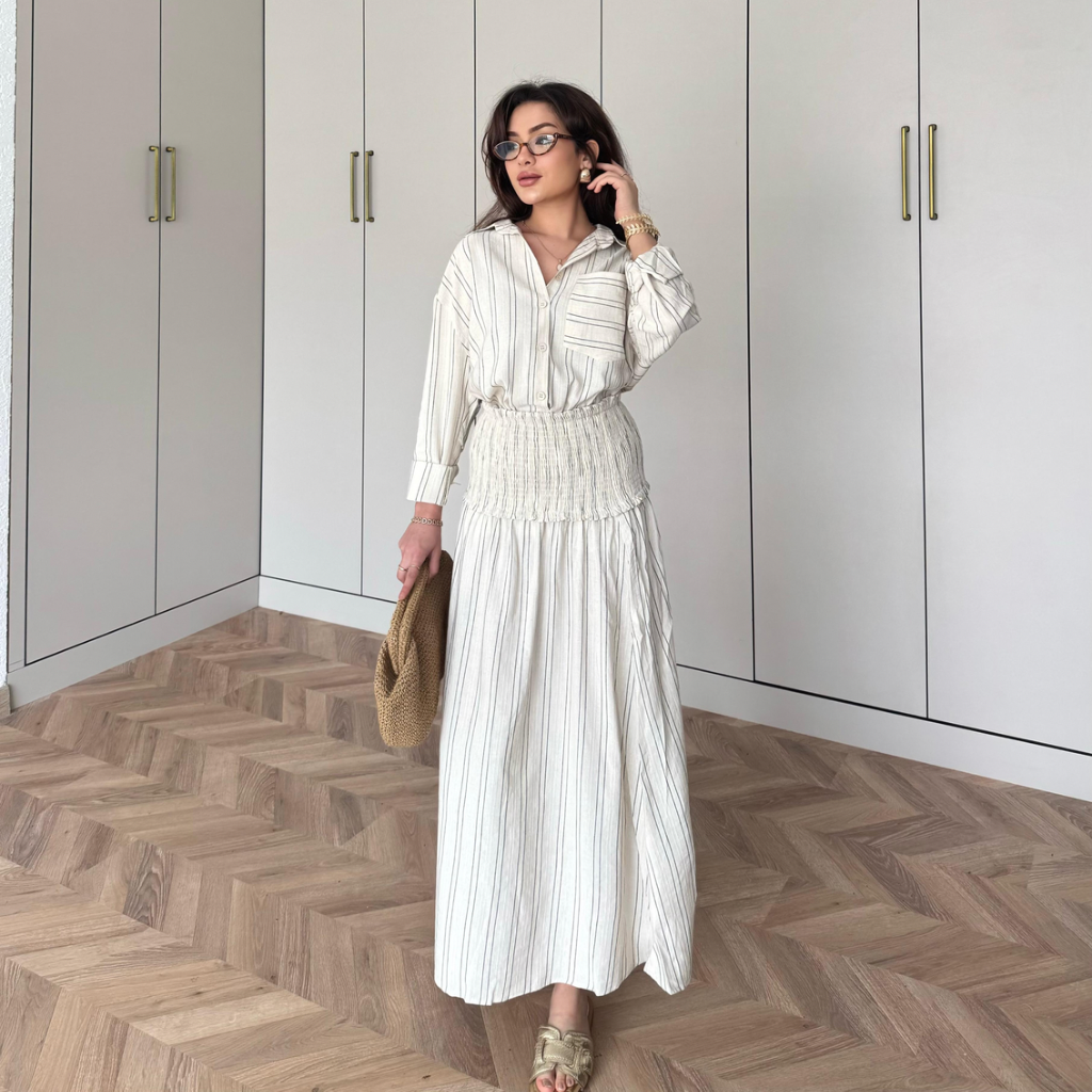 Striped Linen elastic waist skirt co-ord