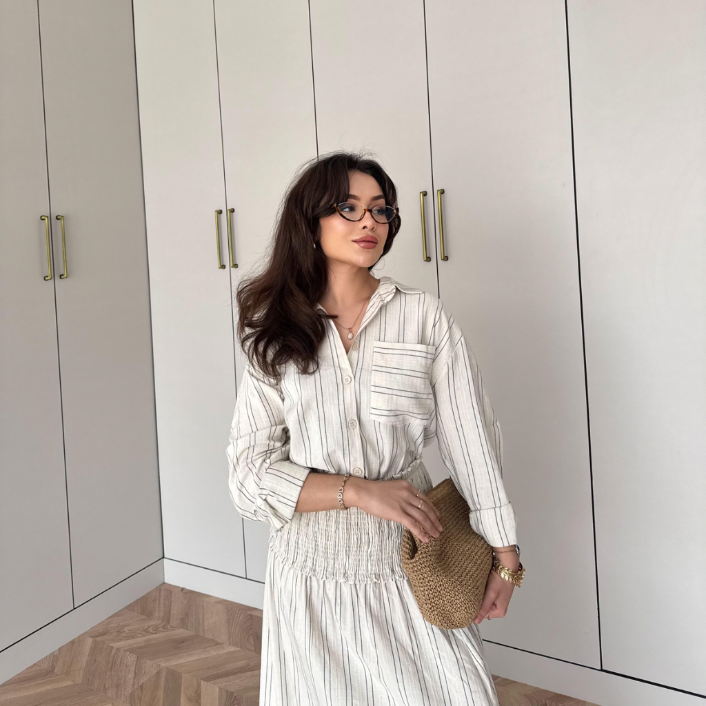 Striped Linen elastic waist skirt co-ord