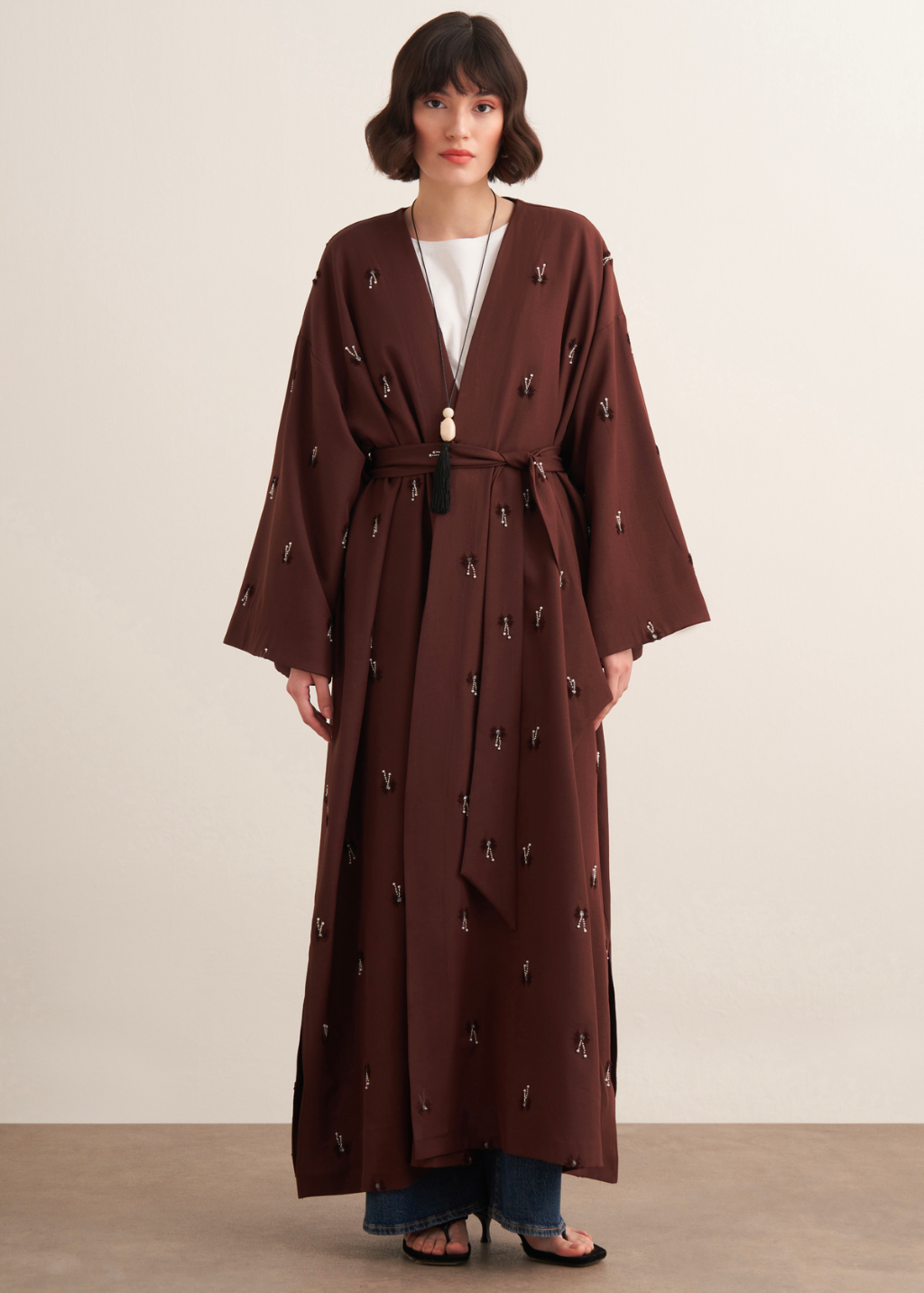 Beaded Maxi Kimono Abaya Brown