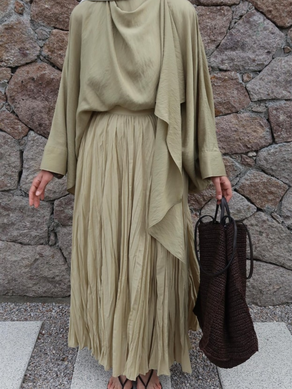 Defna Crush Pleated Skirt Olive Green