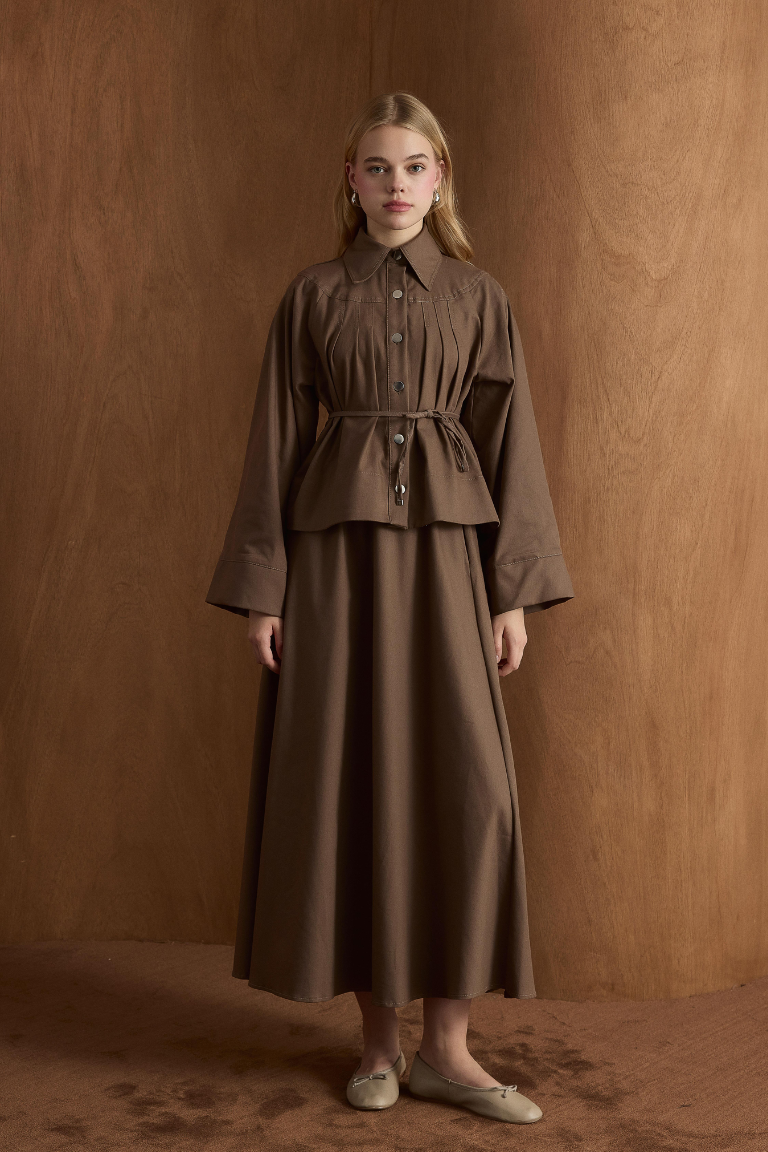 Naila Pleated Denim Skirt Co-Ord - Brown