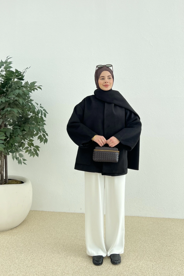 Scarf-Detail Coat Black