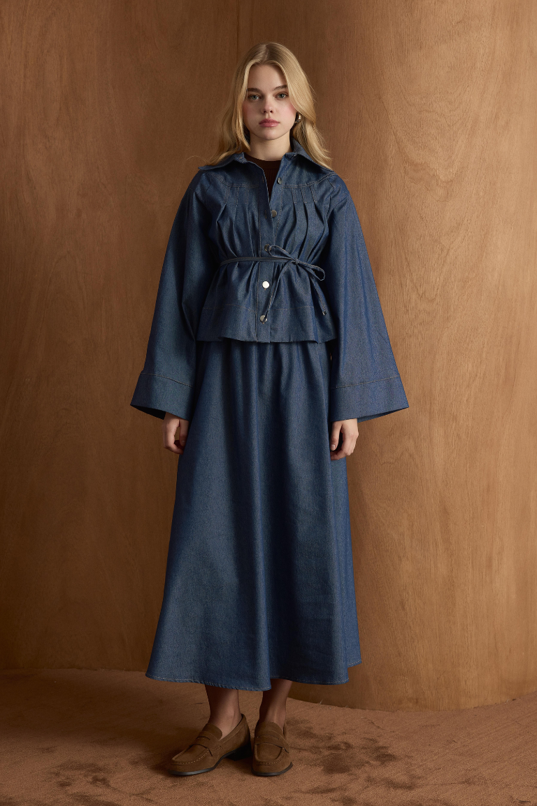 Naila Pleated Denim Skirt Co-Ord - Light Navy