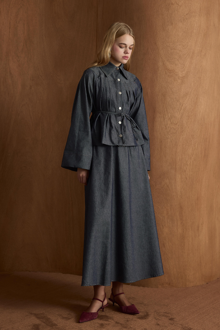 Naila Pleated Denim Skirt Co-Ord - Dark Navy