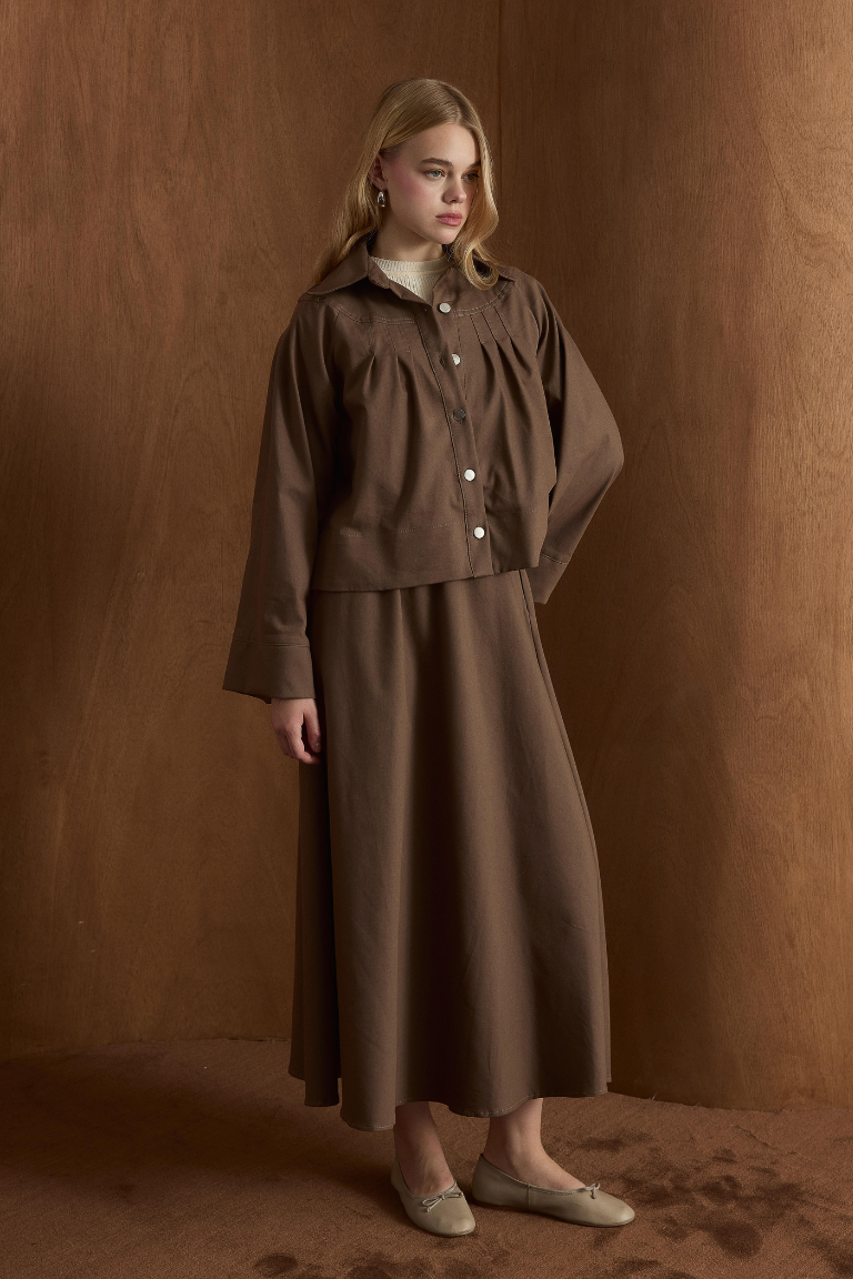 Naila Pleated Denim Skirt Co-Ord - Brown