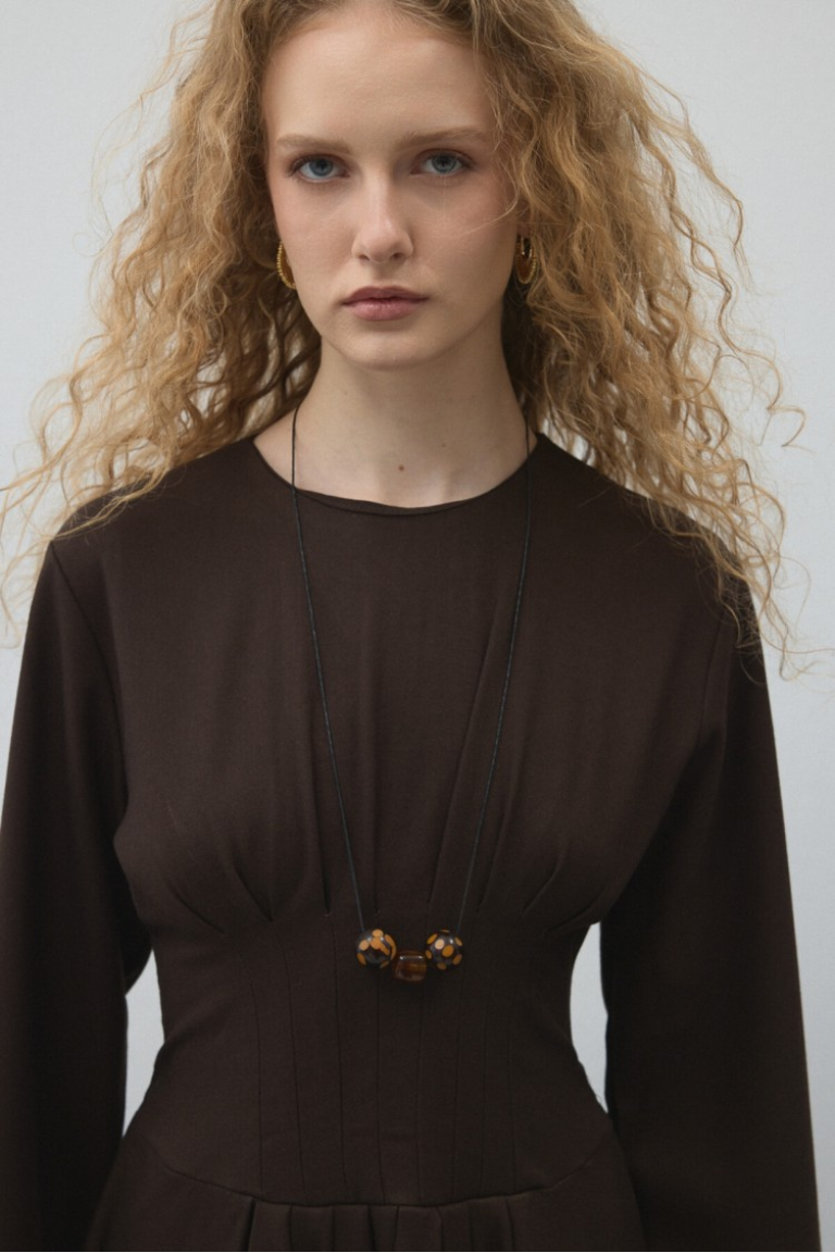 Dark Brown Pleated - Waist Dress