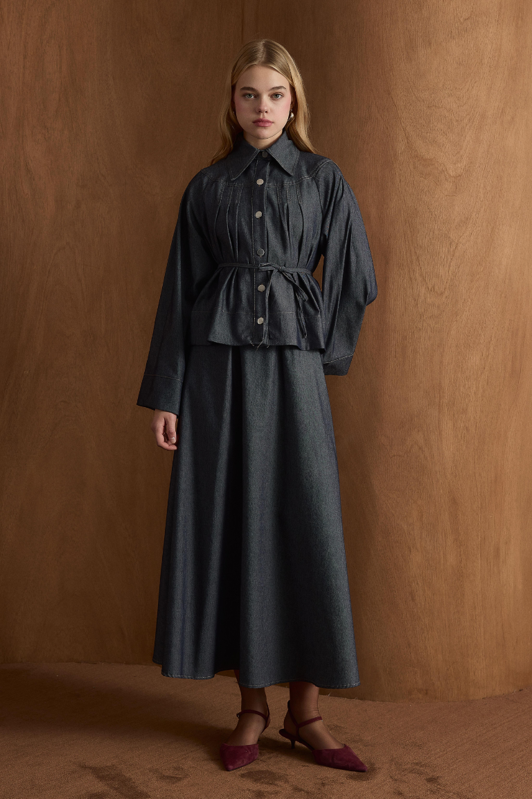 Naila Pleated Denim Skirt Co-Ord - Dark Navy