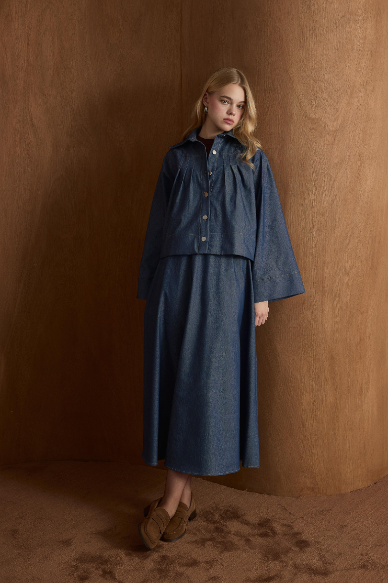 Naila Pleated Denim Skirt Co-Ord - Light Navy