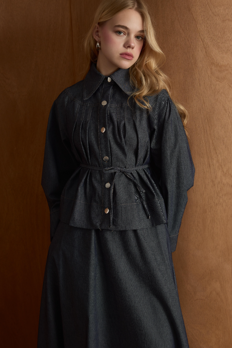 Naila Pleated Denim Skirt Co-Ord - Dark Navy