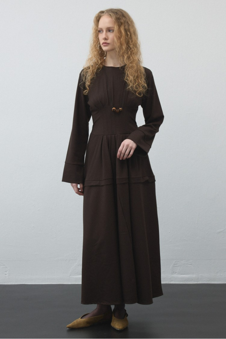 Dark Brown Pleated - Waist Dress