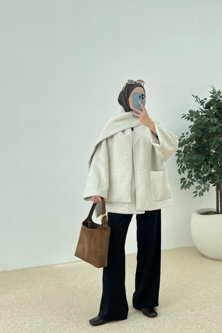 Scarf-Detail Coat Light Beige