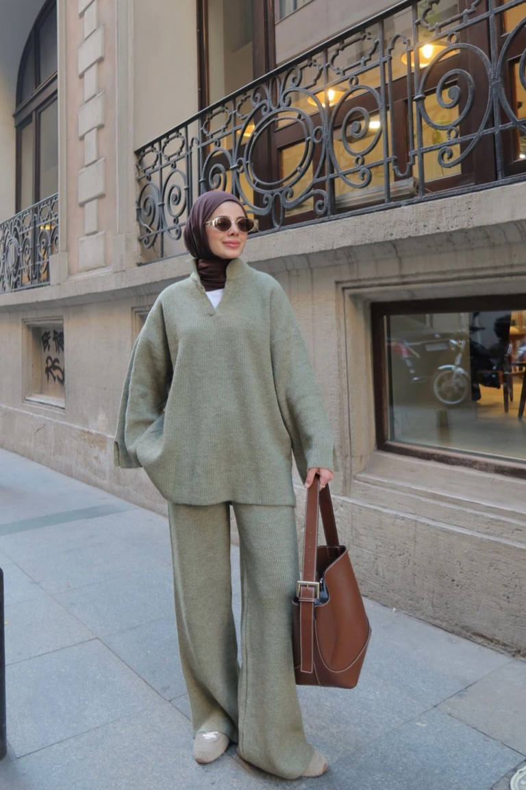 Polo Collar Knit Trouser Co-ord Khaki