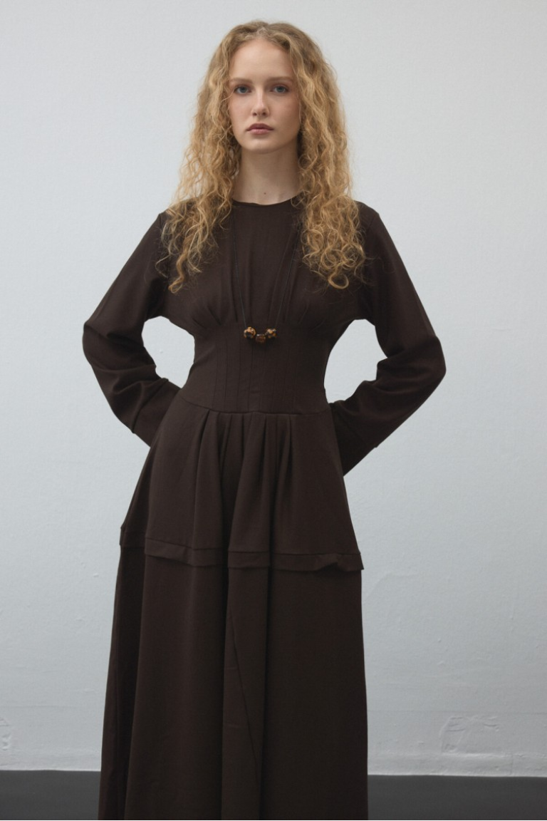 Dark Brown Pleated - Waist Dress