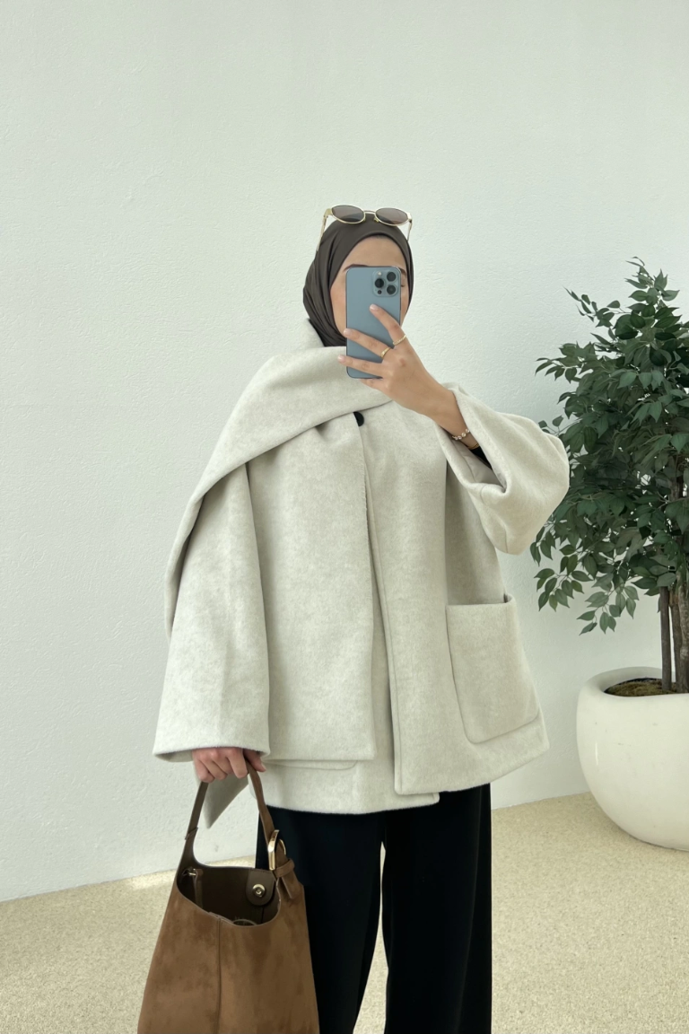 Scarf-Detail Coat Light Beige
