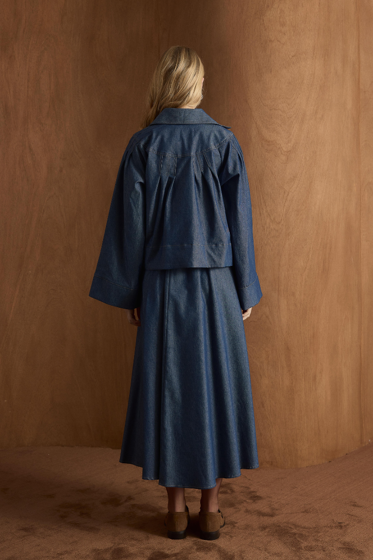 Naila Pleated Denim Skirt Co-Ord - Light Navy