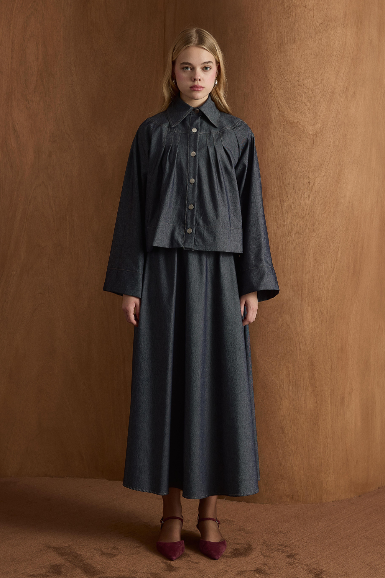 Naila Pleated Denim Skirt Co-Ord - Dark Navy