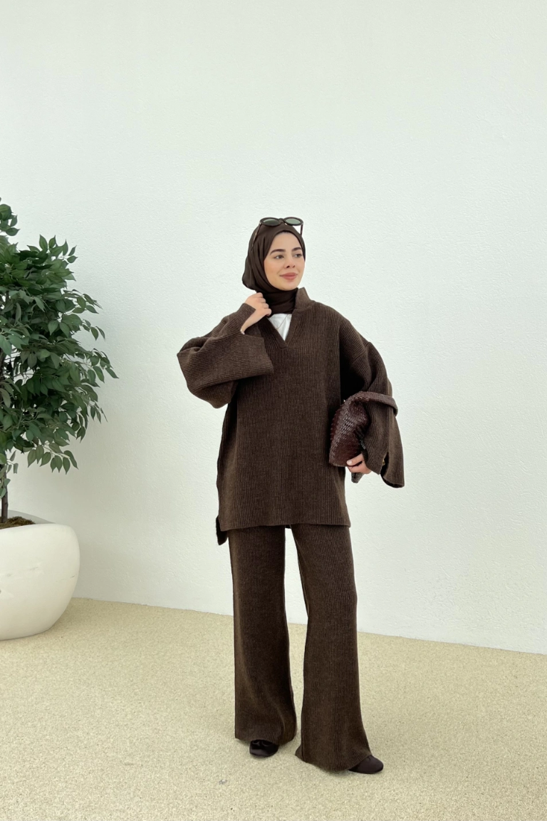 Polo Collar Knit Trouser Co-ord Brown