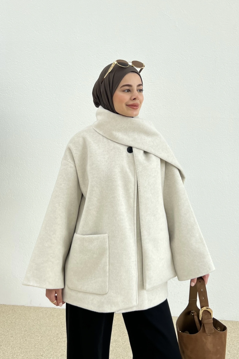 Scarf-Detail Coat Light Beige