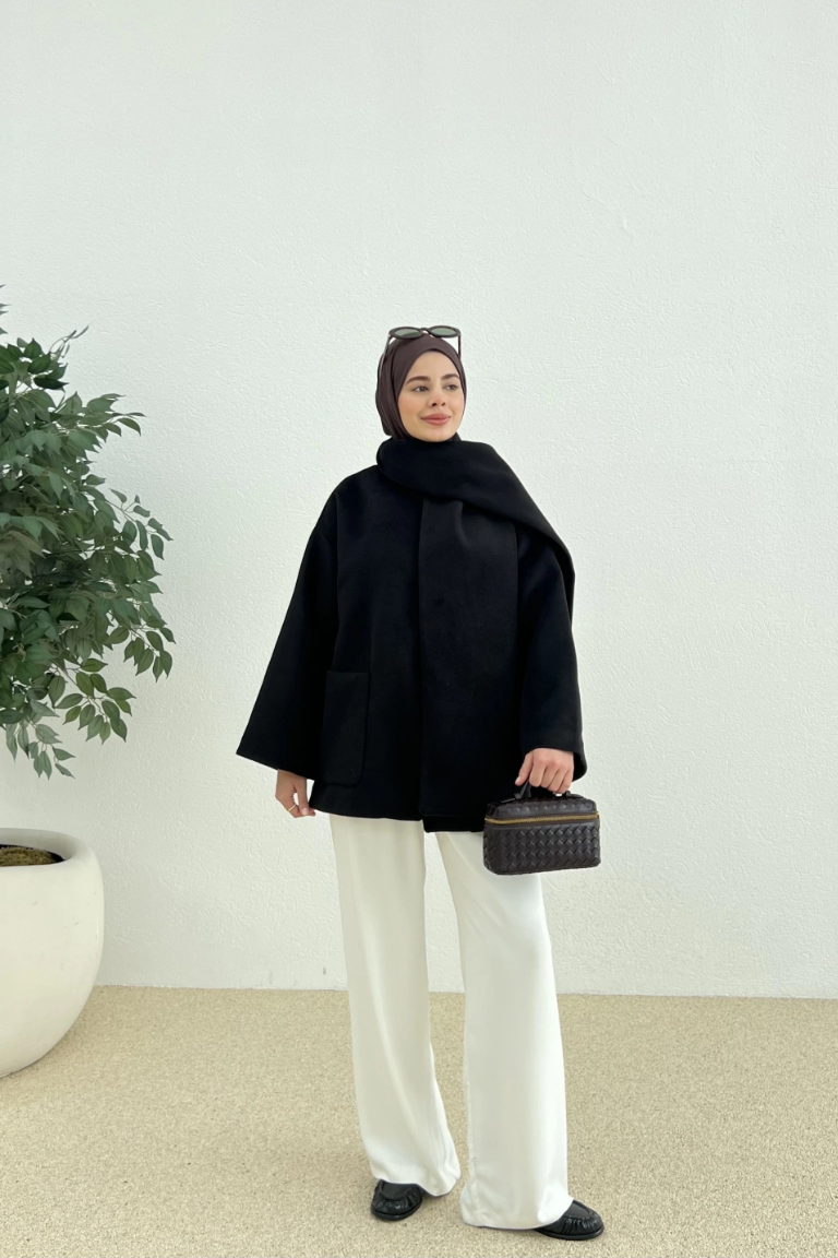 Scarf-Detail Coat Black