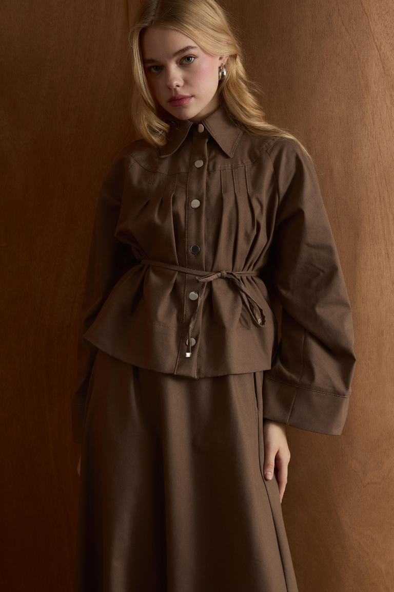 Naila Pleated Denim Skirt Co-Ord - Brown