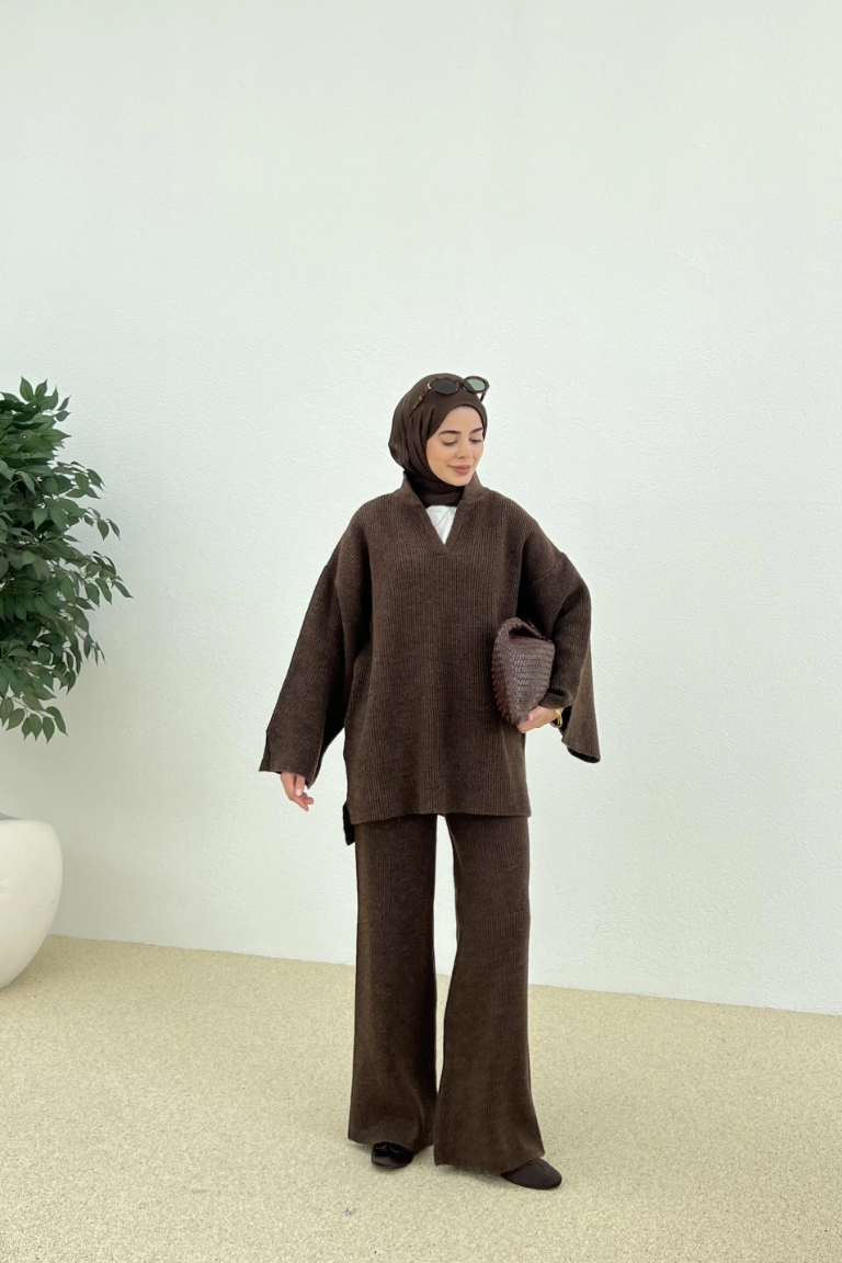 Polo Collar Knit Trouser Co-ord Brown