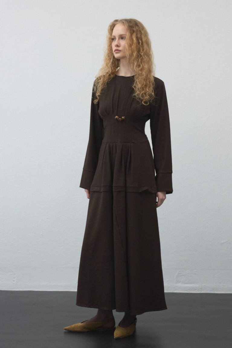 Dark Brown Pleated - Waist Dress