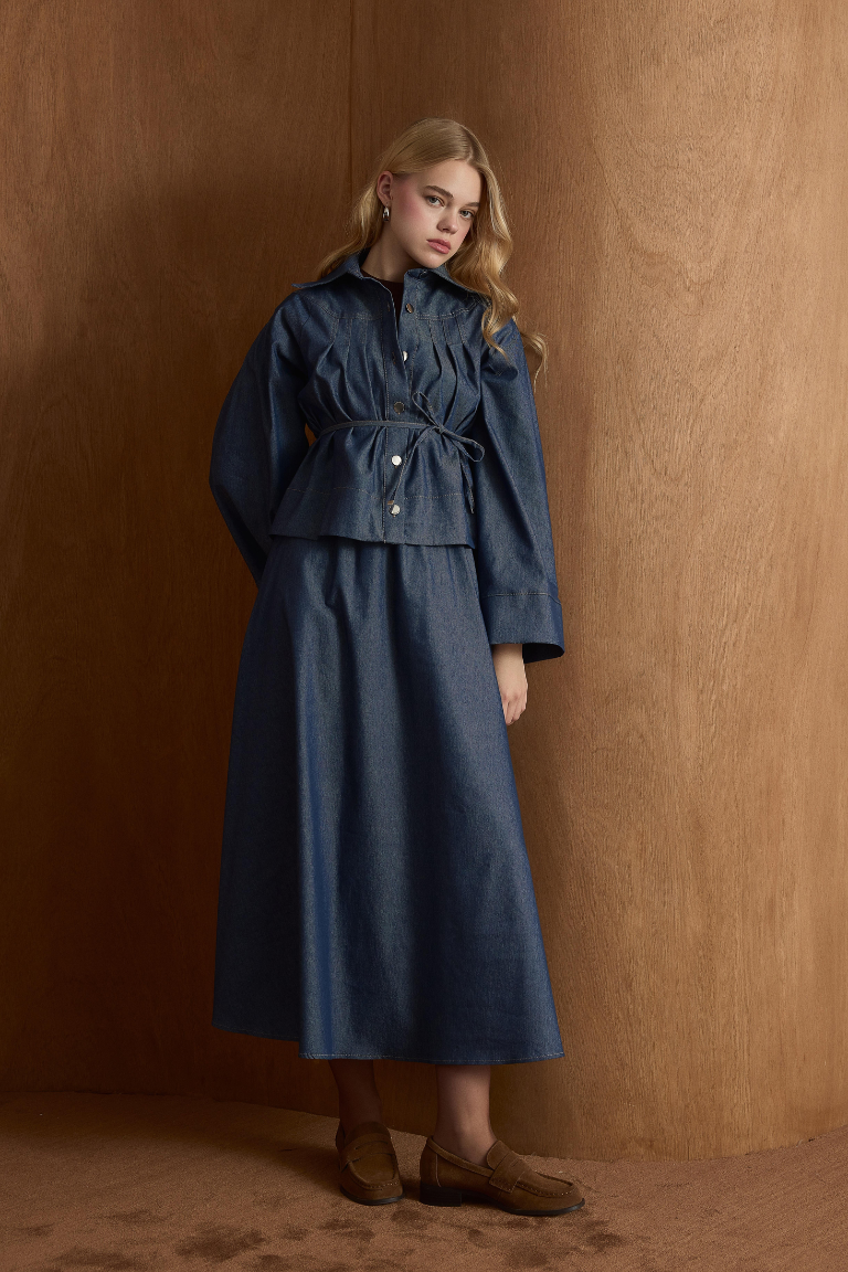 Naila Pleated Denim Skirt Co-Ord - Light Navy