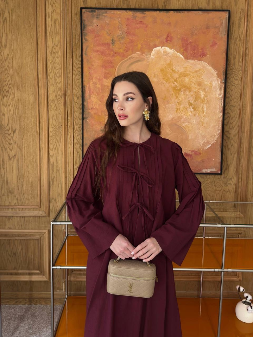 Front Tie Detail Linen Skirt Co-Ord Burgandy