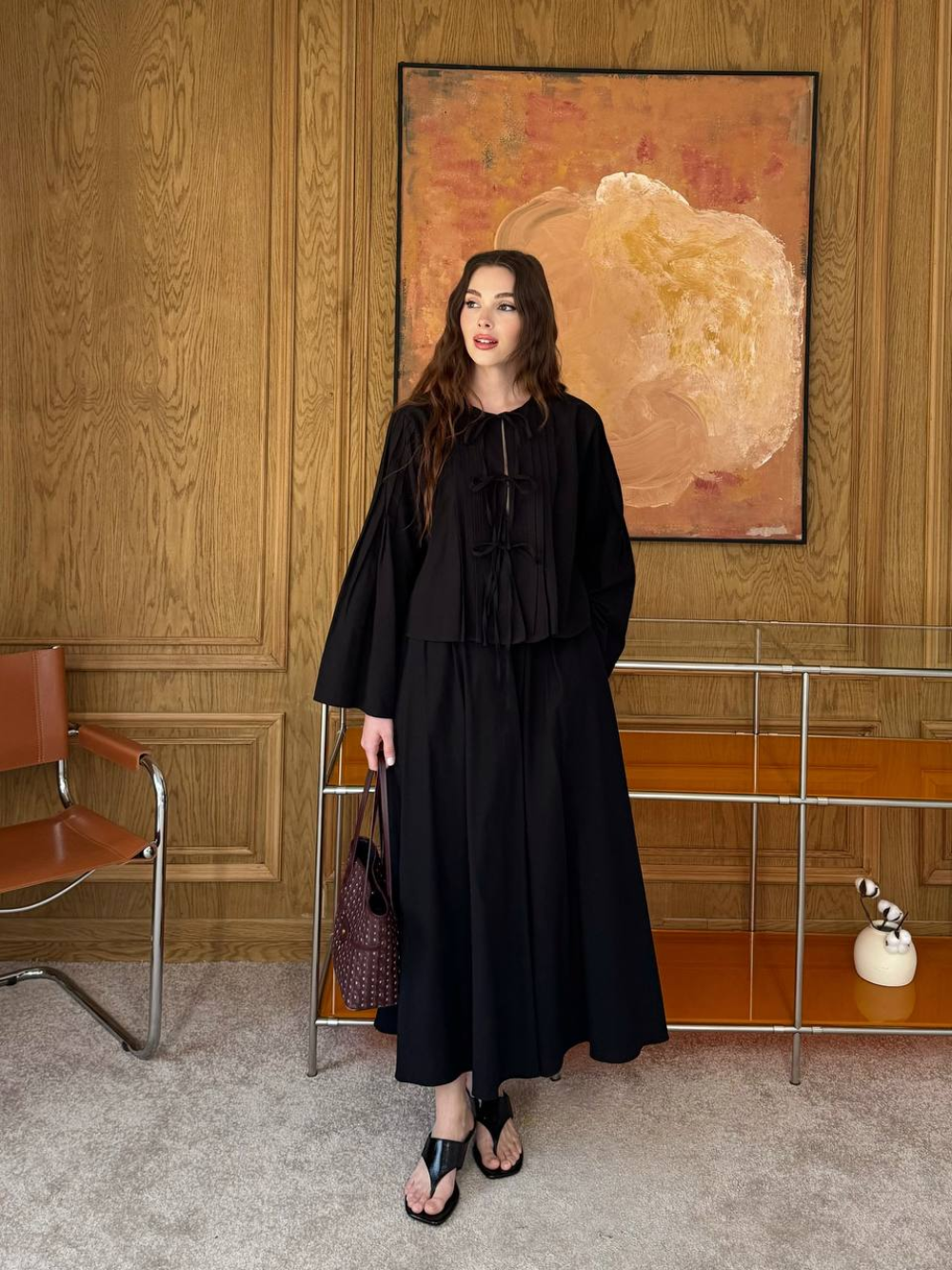 Front Tie Detail Linen Skirt Co-Ord Black