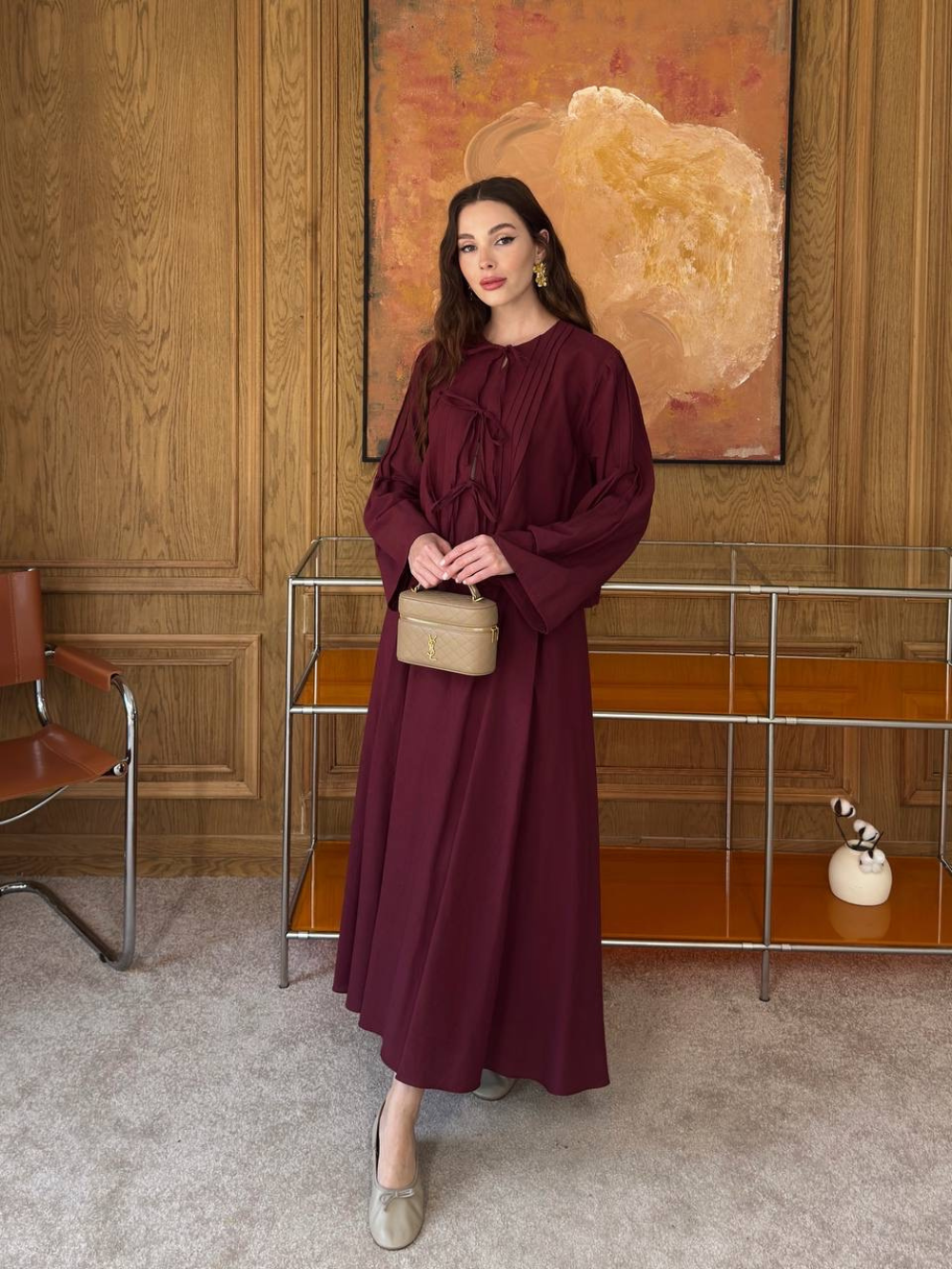 Front Tie Detail Linen Skirt Co-Ord Burgandy