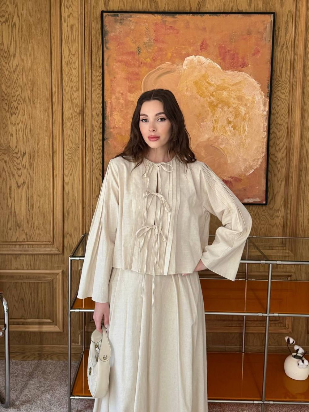 Front Tie Detail Linen Skirt Co-Ord Cream