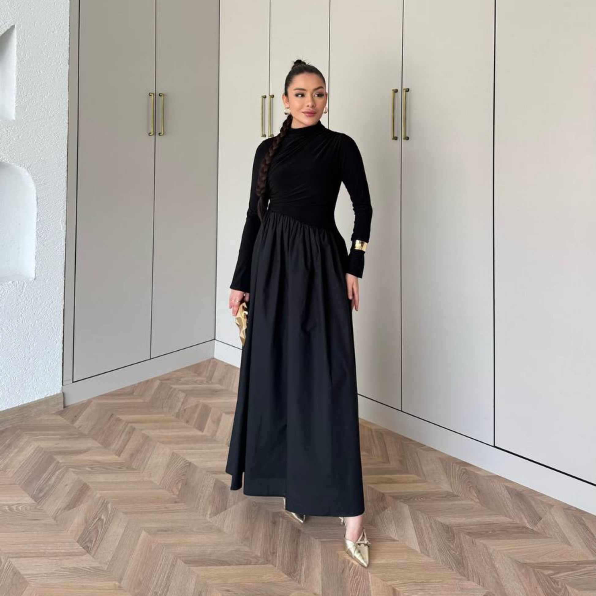 Layal Black Gathered long-sleeved Maxi dress