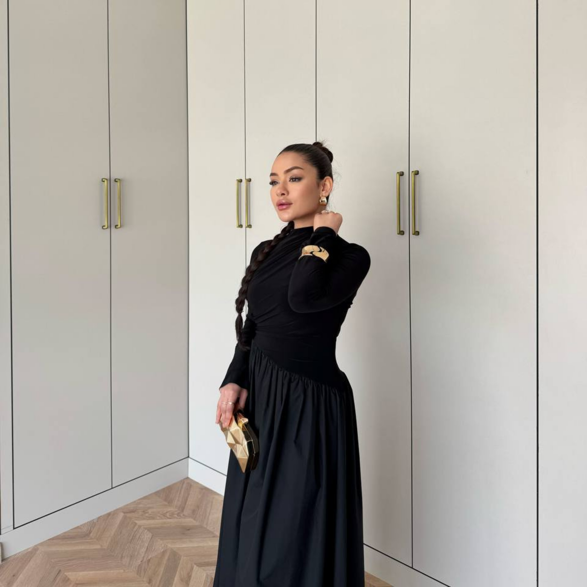 Layal Black Gathered long-sleeved Maxi dress