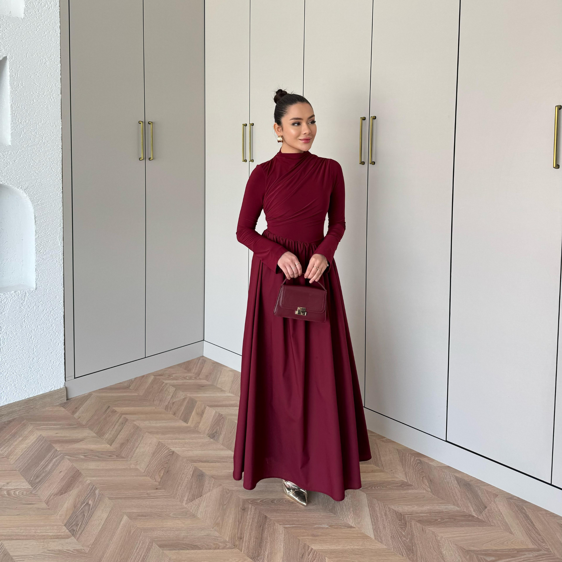 Layal Burgundy Gathered long-sleeved Maxi dress