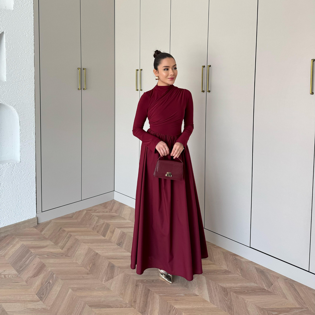 Layal Burgundy Gathered long-sleeved Maxi dress